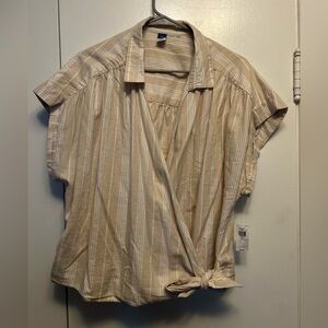 OLD NAVY Size XXL Wrap-Front Cropped Oxford Sarong Blouse- Neutral Stripe
